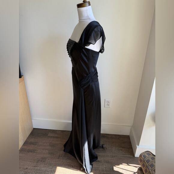 ABS ALLEN SCHWARTZ BLACK SILKY ONE SHOULDER PLEATED BODICE GOWN SIZE 4 - Picture 2 of 7